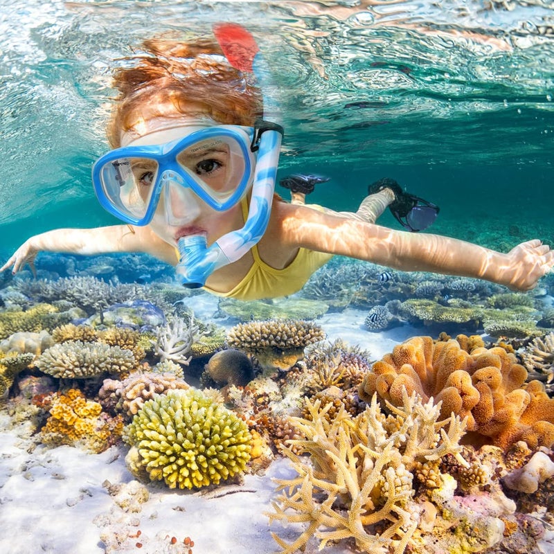 ACQCES 2 Sets Snorkeling Gear for Kids, Kids Snorkel Set for Ages 6-14, Dry Top Snorkel Mask Set for Youth Boys Girls Junior, Tempered Glass Diving Swimming Mask Goggles - Image 2
